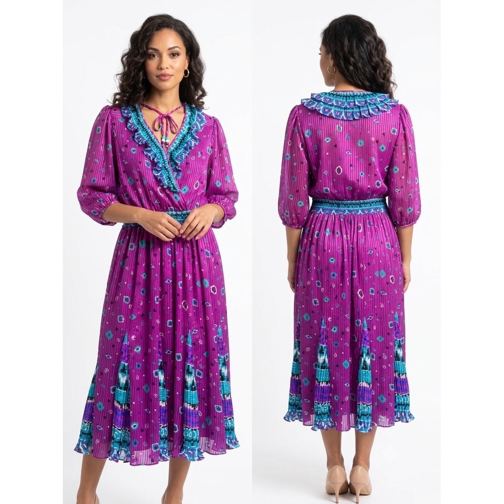 Vintage Assorti for Susan Freis Pink Geometric Pleated Ruffle Midi Dress Medium
